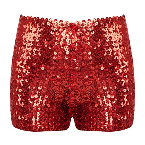 Runhomal Kinder Pailletten Glitzer Shorts Tanzshorts Glänzende Hotpants Kurze Hose Jogginghose Jungen Mädchen Sport Yoga Shorts Tanz Kostüm Clubwear Rot 104-116 von Runhomal