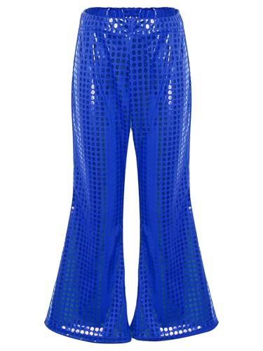 Runhomal Kinder Pailletten Hose Jungen Mädchen Tanzhose Schlaghose Glänzende Ausgestellte Hosen Jazz Rumba Hosen Tanz-Kostüm Royal Blau 146-152 von Runhomal
