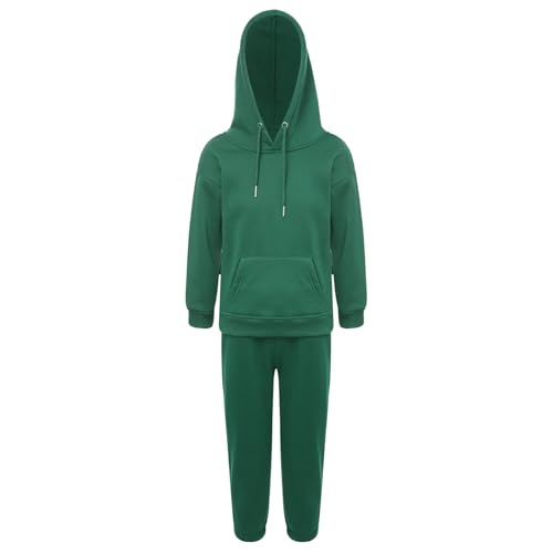 Runhomal Kinder Trainingsanzug Jungen Mädchen Zweiteilige Sportanzug Loose Fit Jogginganzug Langarm Kapuzenpullover Jogginghose Sporthose Tracksuit Dunkelgrün 128-134 von Runhomal