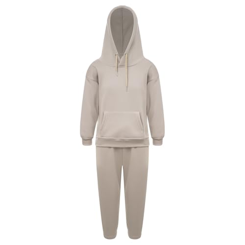 Runhomal Kinder Trainingsanzug Jungen Mädchen Zweiteilige Sportanzug Loose Fit Jogginganzug Langarm Kapuzenpullover Jogginghose Sporthose Tracksuit Hellbraun 140-146 von Runhomal