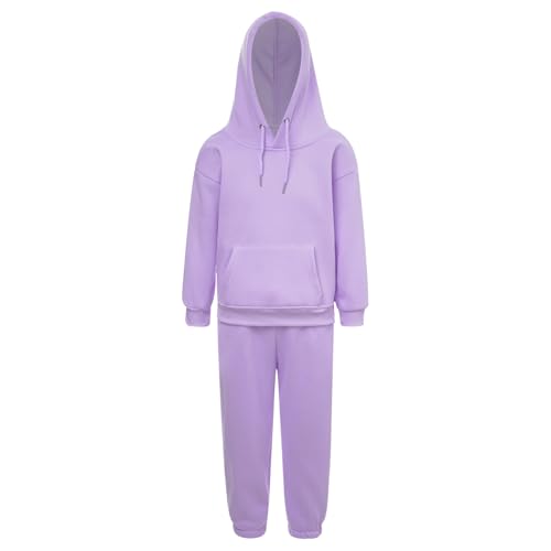 Runhomal Kinder Trainingsanzug Jungen Mädchen Zweiteilige Sportanzug Loose Fit Jogginganzug Langarm Kapuzenpullover Jogginghose Sporthose Tracksuit Helles Lila 128-134 von Runhomal