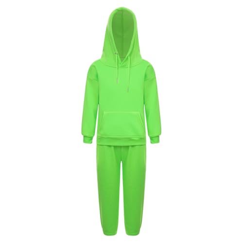Runhomal Kinder Trainingsanzug Jungen Mädchen Zweiteilige Sportanzug Loose Fit Jogginganzug Langarm Kapuzenpullover Jogginghose Sporthose Tracksuit Leuchtendes Grün 116-122 von Runhomal