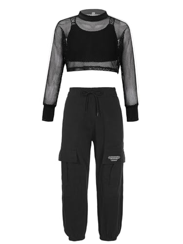 Runhomal Mädchen 3Pcs Hip-Hop Anzug Tanzkleidung Trainingsanzug Mesh Langarm Crop Top Cargohose Jogginghose mit Kordelzug Dancewear Schwarz 146-152 Runhomal Mädchen 3Pcs Hip-Hop Anzug Tanzkleidung Trainingsanzug Mesh Langarm Crop Top Cargohose Jogginghose mit Kordelzug Dancewear Schwarz 146-152 von Runhomal