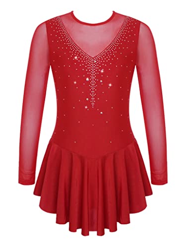 Runhomal Mädchen Ballettanzug Ballettkleid Langarm Eiskunstlauf-Kleid Tanzkleid mit Strass Ballett Trikotbody Ballerina Skater Kleider Ballettkleidung Gymnastikanzug Burgundy 140 von Runhomal