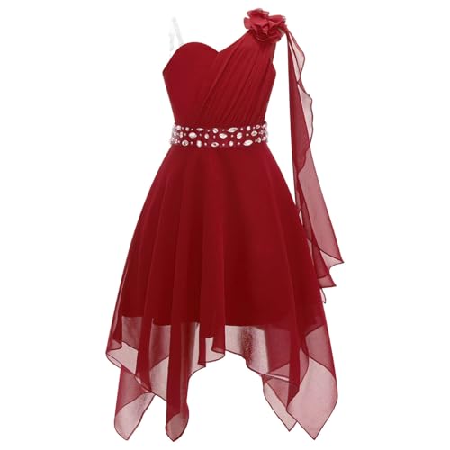 Runhomal Mädchen Chiffon Partykleid Blumenmädchenkleider Träger Brautjungfernkleid Festkleid Abendkleid mit Perlen Festzug Hochzeit Burgundy 134-140 von Runhomal