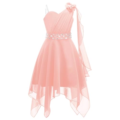 Runhomal Mädchen Chiffon Partykleid Blumenmädchenkleider Träger Brautjungfernkleid Festkleid Abendkleid mit Perlen Festzug Hochzeit Rosa 134-140 von Runhomal