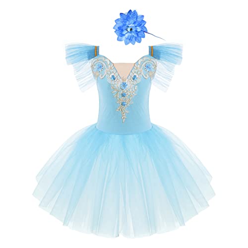 Runhomal Mädchen Eiskunstlauf-Kleid Ballettkleid Fliege Ärmel Tutu Mesh Tanzkleid mit Kopfschmuck Ballettkleid Ballettkleidung Turnbody Balletttrikot mit Chiffon Rock Tütü Hellblau 98-104 von Runhomal