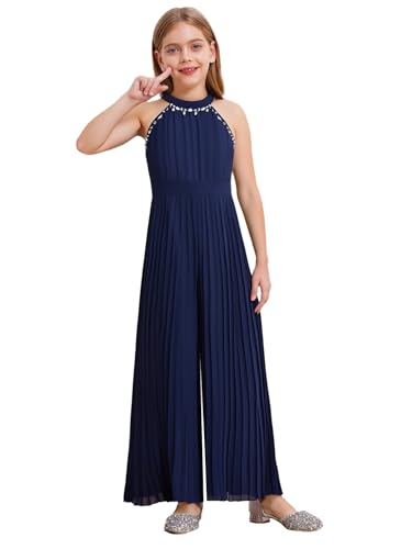 Runhomal Mädchen Elegant Overall Chiffon Jumpsuit Lang Ganzkörperanzug Playsuit mit Strass Hochezeit Festlich Hosenanzug Für 7-14 Jahre Navy blau 158-164 von Runhomal