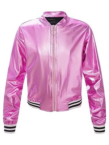 Runhomal Mädchen Glitzer Jacke Bolero Disco Blazer Bolerojacke mit Reißverschluss Bronzing Shrug Top Bomberjacke Bikerjacke Oberbekleidung Rosa A 146-152 von Runhomal