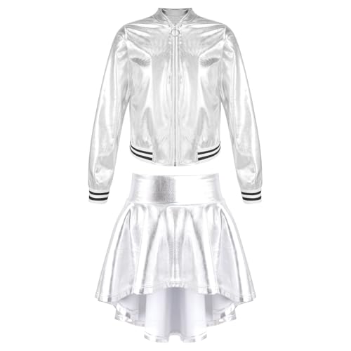 Runhomal Kinder Mädchen Glänzendes Holografische Jacke Bomberjacke und Faltenrock Skaterrock Set Hip Hop Jazz Performance Tanzkleidung Silber 146-152 von Runhomal