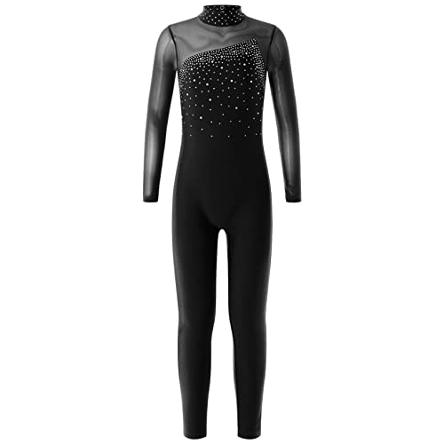 Runhomal Mädchen Gymnastik Overall Jumpsuit mit Strass Langarm Ballettbody Turnbody Glänzender Trikot Leotard Ganzanzug Tanzkleidung Dancewear Schwarz 134-140 von Runhomal