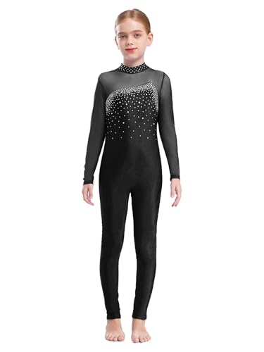 Runhomal Mädchen Gymnastik Overall Jumpsuit mit Strass Langarm Ballettbody Turnbody Glänzender Trikot Leotard Ganzanzug Tanzkleidung Dancewear Schwarz 134-140 von Runhomal