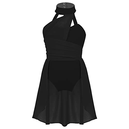 Runhomal Mädchen Gymnastikanzug Neckholder Ballett Trikot Body Chiffon Turnanzug Ballettkleid Ärmellos Ballettanzug Tanzbody Rüschen Gymnastikbody Tanzkostüm Schwarz 176 von Runhomal