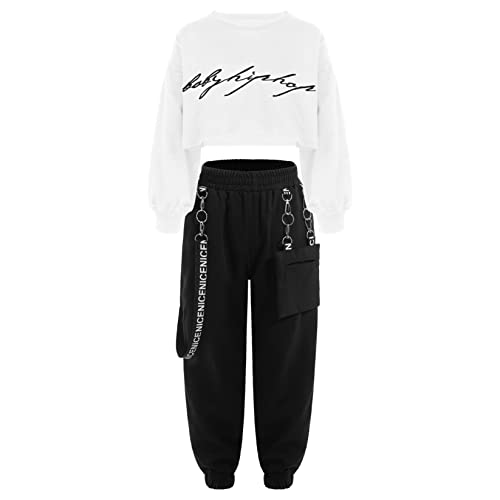 Runhomal Mädchen Hip Hop Kleidung Set 2-teiliges Crop Top Langarm Sweatshirt + Jazzpants Trainingsanzug Jogginganzug Coolgirls Dancewear Weiß 134-140 von Runhomal