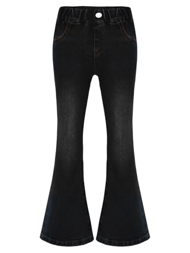 Runhomal Mädchen Jean Hosen Hohe Elastische Taille Denim Schlaghose Jeanshose mit Taschen Freizeit Urlaub Streetwear Schwarz 122-128 von Runhomal