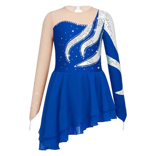 Runhomal Mädchen Langarm Eiskunstlauf-Kleid Pailletten Tanzkleid Skaterkleid Rundhals Ballettkleid Ballettkleidung Turnbody Balletttrikot mit Chiffon Tanzrock Dunkelblau 146-152 von Runhomal