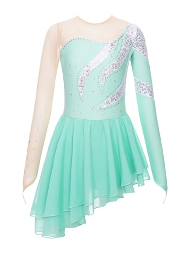 Runhomal Mädchen Langarm Eiskunstlauf-Kleid Pailletten Tanzkleid Skaterkleid Rundhals Ballettkleid Ballettkleidung Turnbody Balletttrikot mit Chiffon Tanzrock Hellgrün 170-176 von Runhomal