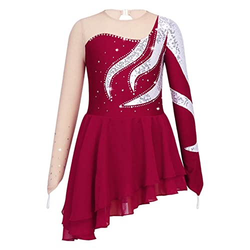 Runhomal Mädchen Langarm Eiskunstlauf-Kleid Pailletten Tanzkleid Skaterkleid Rundhals Ballettkleid Ballettkleidung Turnbody Balletttrikot mit Chiffon Tanzrock Rot 134-140 von Runhomal