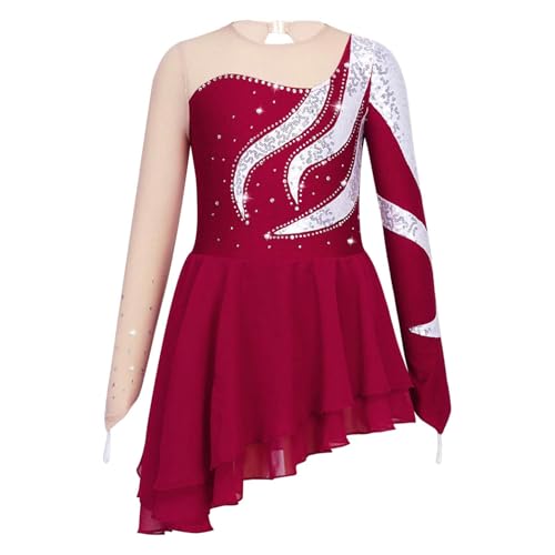 Runhomal Mädchen Langarm Eiskunstlauf-Kleid Pailletten Tanzkleid Skaterkleid Rundhals Ballettkleid Ballettkleidung Turnbody Balletttrikot mit Chiffon Tanzrock Rot 146-152 von Runhomal