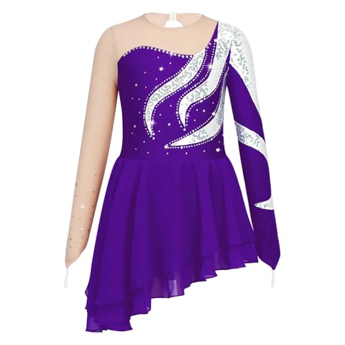 Runhomal Mädchen Langarm Eiskunstlauf-Kleid Pailletten Tanzkleid Skaterkleid Rundhals Ballettkleid Ballettkleidung Turnbody Balletttrikot mit Chiffon Tanzrock Violett 110-116 von Runhomal