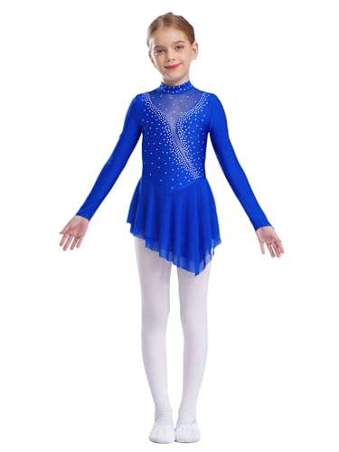 Runhomal Mädchen Langarm Eiskunstlauf-Kleid Strass Mesh Patchwork Tanzkleid Rollkunstlauf Stehkragen Balletttrikot mit Asymmetrisch Rock Tanzkostüm Blau 170 von Runhomal