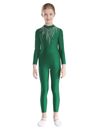 Runhomal Turnanzug Mädchen Ganzkörper Overall Gymnastik Trikot Jumpsuit Langarm Ballettbody Turnbody mit Strass Ganzanzug Tanzkleidung Grün 122-128 von Runhomal