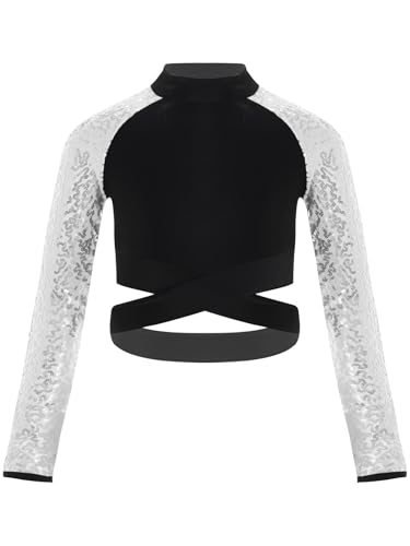 Runhomal Mädchen Pailletten Crop Top Bauchfrei Langarmshirt Glitzer Glänzend Sport Fitness T-Shirt Oberteile Performence Tanzkleidung Silber 158-164 von Runhomal
