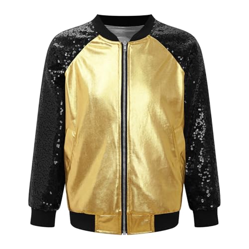 Runhomal Mädchen Pailletten Jacke Bomberjacke Langarm Glänzende Bolero Disco Blazer Bolerojacke mit Reißverschluss Hip Hop Bikerjacke Oberbekleidung Gold 122-128 von Runhomal