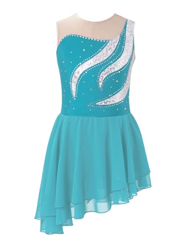 Runhomal Mädchen Pailletten Skating Tanzkleid Langarm Eiskunstlauf-Kleid Ballettkleid Strass Ballett Trikot Leotard Turnbody mit Chiffon Tutu Rock Tanzkleidung D Türkis 158-164 von Runhomal