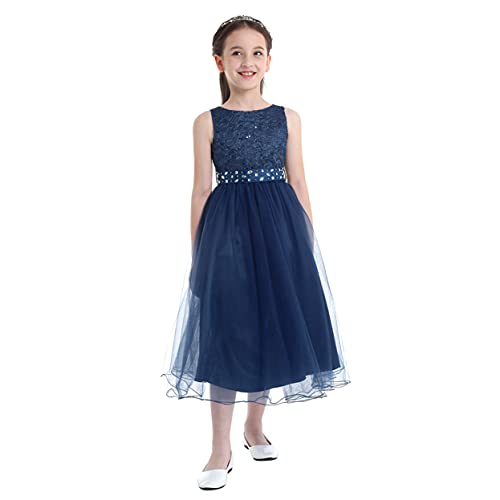 Runhomal Mädchen Pailletten Spitze Mesh Blumenmädchen Kleid Prinzessin Festzug Hochzeit Brautjungfer Geburtstag Partykleid Navy blau 152 von Runhomal