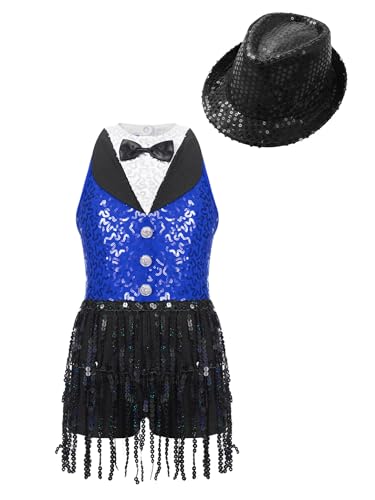 Runhomal Mädchen Pailletten Turnanzug Tanzbody Gymnastik Leotard mit Hut Jumpsuit Gymnastikanzug Kinder Gymnastiktrikot Turntrikot Ballettanzug Königsblau & Schwarz 134-140 von Runhomal