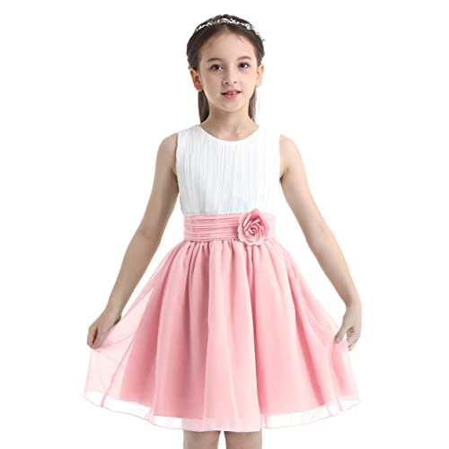 Runhomal Mädchen Prinzessin Kleid Blumenmädchenkleid Festlich Chiffon Partykleid Brautjungfer Tüllkleider Hochzeits Geburtstag Kleid Festzug Weiß&Rosa 134-140 von Runhomal