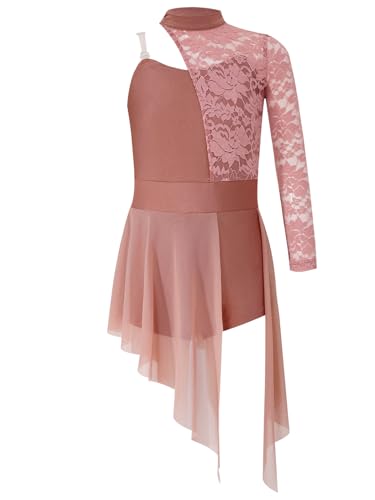 Runhomal Mädchen Spitze Tanzkleider Lyrical Ballettkleid Ballettkleidung Einteiler Turnanzug Gymnastik Jumpsuit Trikot Body mit Tutu Rock Tanzkleidung Altrosa A 158-164 von Runhomal
