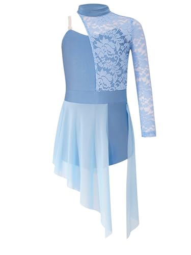 Runhomal Mädchen Spitze Tanzkleider Lyrical Ballettkleid Ballettkleidung Einteiler Turnanzug Gymnastik Jumpsuit Trikot Body mit Tutu Rock Tanzkleidung Hellblau A 122-128 von Runhomal