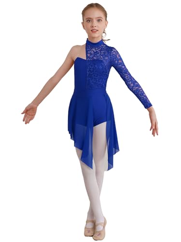 Runhomal Mädchen Spitze Tanzkleider Lyrical Ballettkleid Ballettkleidung Einteiler Turnanzug Gymnastik Jumpsuit Trikot Body mit Tutu Rock Tanzkleidung Königsblau 122-128 von Runhomal