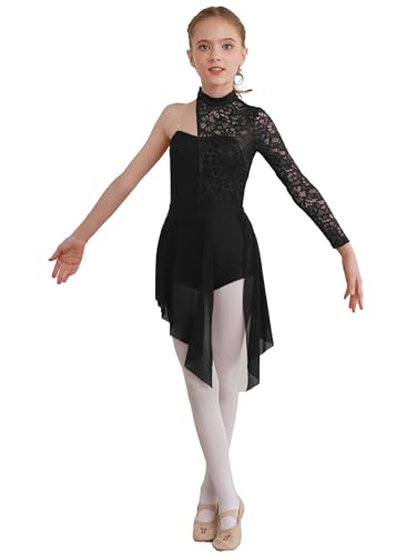Runhomal Mädchen Spitze Tanzkleider Lyrical Ballettkleid Ballettkleidung Einteiler Turnanzug Gymnastik Jumpsuit Trikot Body mit Tutu Rock Tanzkleidung Schwarz 134-140 von Runhomal