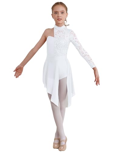 Runhomal Mädchen Spitze Tanzkleider Lyrical Ballettkleid Ballettkleidung Einteiler Turnanzug Gymnastik Jumpsuit Trikot Body mit Tutu Rock Tanzkleidung Weiß 122-128 von Runhomal