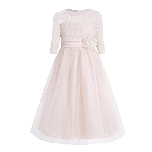 Runhomal Mädchen Spitzenkleid Blumenmädchen Brautjungfer Kleid Mädchen Halbarm Tutu Prinzessin Abendkleid Hochzeitskleid Tüllkleid Festlich Festzug Kleidung Champagne 134-140 von Runhomal