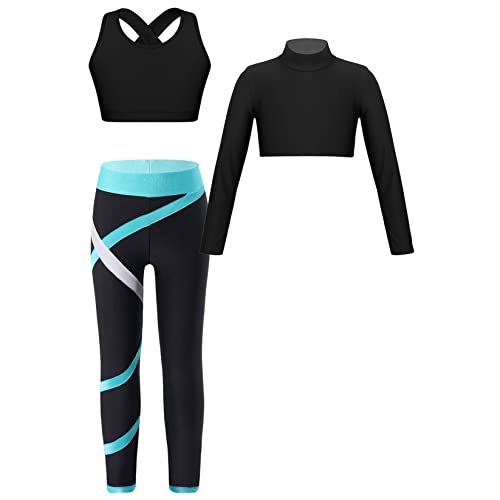 Runhomal Mädchen Sport Kleidung Set Zweiteiler Langarm Crop Top + Sport BH Oberteil + Yogahose Leggings Sporthose Jogginganzug Trainingsanzug Grün 146-152 von Runhomal