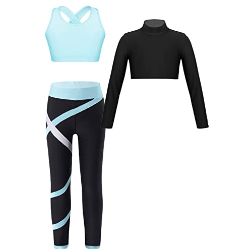 Runhomal Mädchen Sport Kleidung Set Zweiteiler Langarm Crop Top + Sport BH Oberteil + Yogahose Leggings Sporthose Jogginganzug Trainingsanzug Hellblau 146-152 von Runhomal