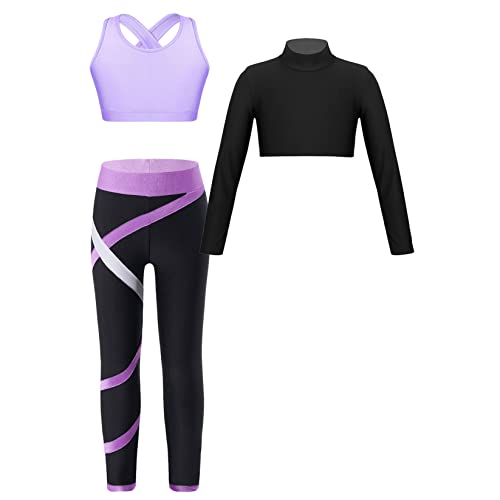 Runhomal Mädchen Sport Kleidung Set Zweiteiler Langarm Crop Top + Sport BH Oberteil + Yogahose Leggings Sporthose Jogginganzug Trainingsanzug Lavender 134-140 von Runhomal