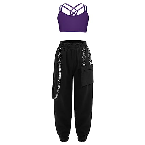 Runhomal Mädchen Sportanzug Hip Hop Coolgirls Crop Top mit Hosen Sporthose Jogginganzug Trainingsanzug Kinder Jazz Kleidung Streetwear Violett 158-164 von Runhomal