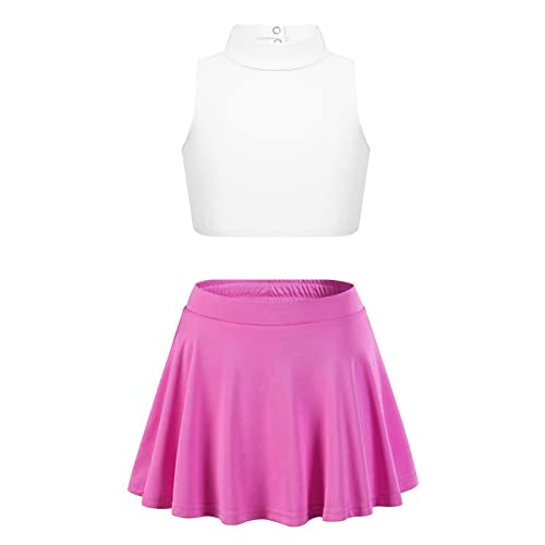 Runhomal Mädchen Sportbekleidung Zweiteiler Ärmellos Crop Top Sport BH Oberteil Bauchfrei Tanktop Tennisrock Sportrock Tennisanzug Trainingsanzug Ivory&Rosa 146-152 von Runhomal