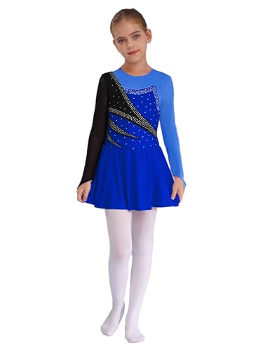 Runhomal Mädchen Tanzkleid Eiskunstlauf-Kleid Mesh Langarm A-Linie Skater Kleid Ballettkleid mit Strass Trikot Body Turnanzug Gymnastikanzug Royal Blau 146-152 von Runhomal