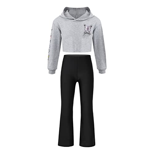 Runhomal Mädchen Tanzkleidung Zweiteiler Kapuzenshirt Sweatshirt Locker Hosen Schlaghose Trainingsanzug Jogginganzug Sportbekleidung Grau 146-152 von Runhomal