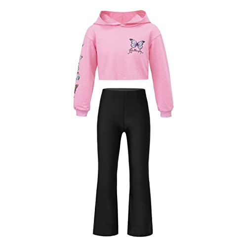 Runhomal Mädchen Tanzkleidung Zweiteiler Kapuzenshirt Sweatshirt Locker Hosen Schlaghose Trainingsanzug Jogginganzug Sportbekleidung Rosa 134-140 von Runhomal