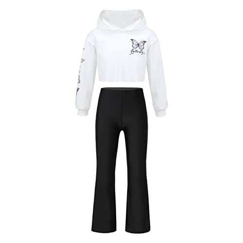 Runhomal Mädchen Tanzkleidung Zweiteiler Kapuzenshirt Sweatshirt Locker Hosen Schlaghose Trainingsanzug Jogginganzug Sportbekleidung Weiß 134-140 von Runhomal