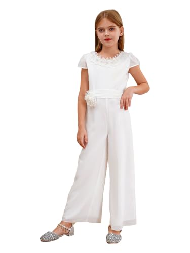 Runhomal Mädchen Weiß Elegant Overall Chiffon Jumpsuit Lang Ganzkörperanzug Playsuit mit 3D Blumen Hochezeit Festlich Hosenanzug Für 7-14 Jahre Elfenbein 158-164 von Runhomal