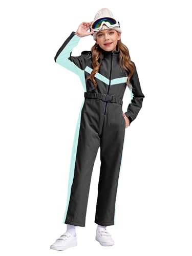 Runhomal Schneeanzug Kinder Mädchen Skianzug Verdickt Skioverall mit Gürtel Kapuzenschneeoverall Wasserdicht Winter Warme Thermo Schneeanzüge Schwarz 170 von Runhomal