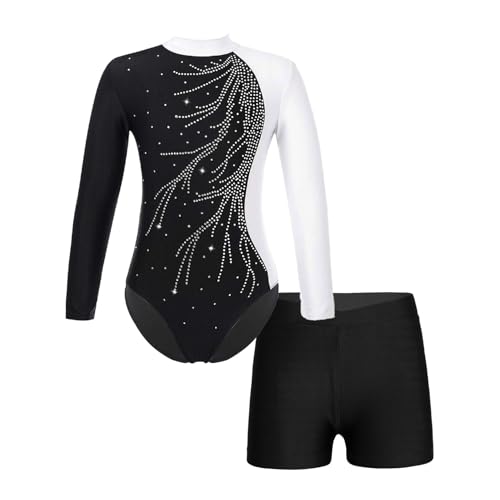 Runhomal Turnanzug Kinder Gymnastikanzug Mädchen Glänzende Ballettbody Gymnastikbody Lagnarm Trikot Leotard Top mit Strass Shorts Ballettanzug Tanzbekleidung Dancewear F Weiß 158-164 von Runhomal